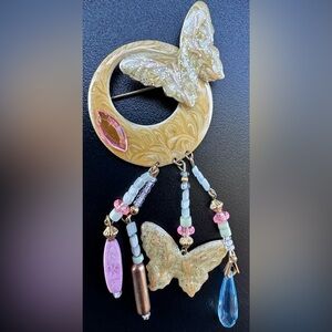 Vintage moon paired with butterflies Brooch